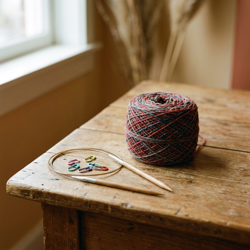 A ball of speckled sock yarn beside a circular needle and small stitch markers on a crafting table