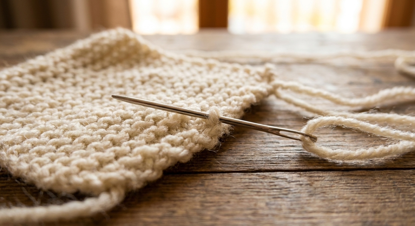 A blunt-tip tapestry needle threaded with yarn resting on a partially finished knitted swatch, ready for weaving in ends