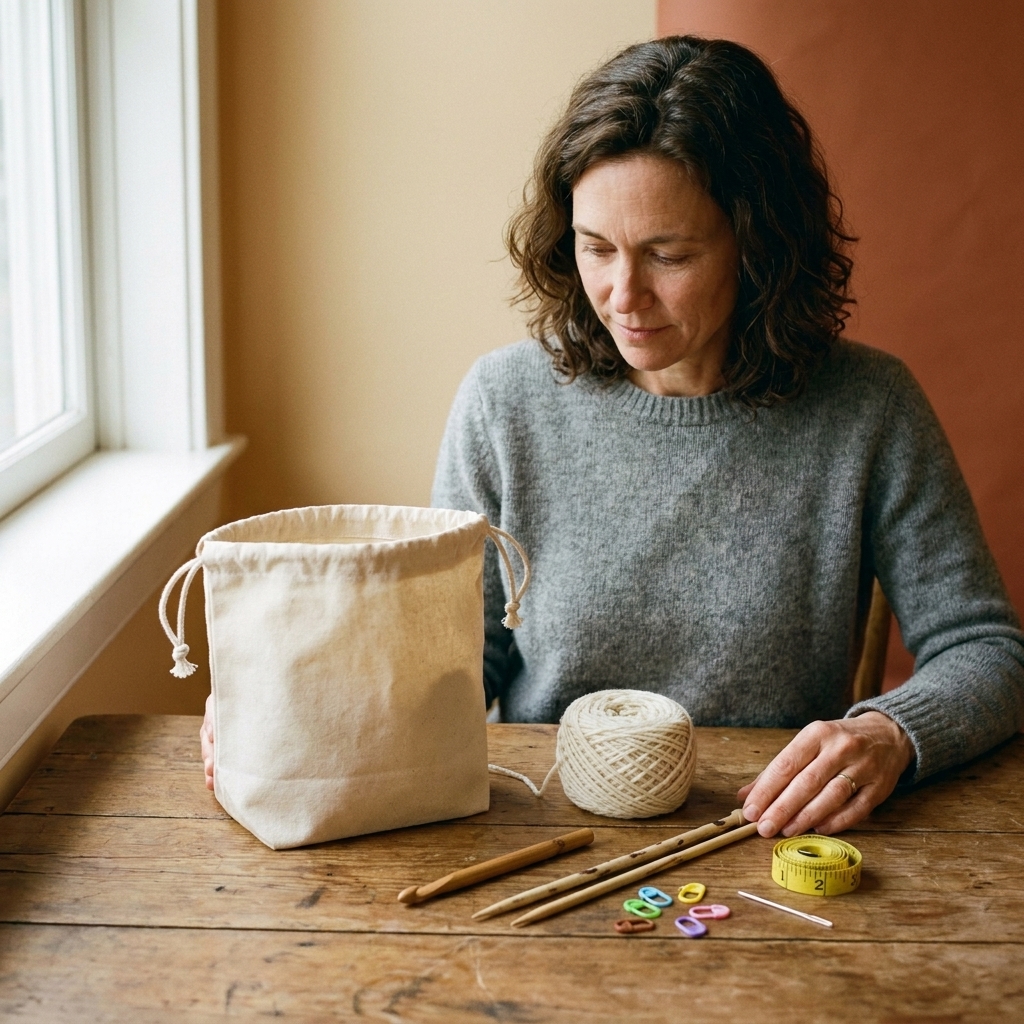 A canvas project bag on a wooden table with a ball of yarn, a crochet hook, knitting needles, stitch markers, a small tape measure, and a tapestry needle laid out neatly