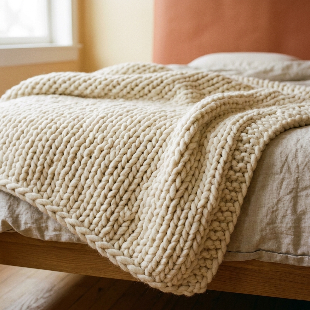 A chunky knit blanket in garter stitch spread across a bed, showing thick ridges and soft texture