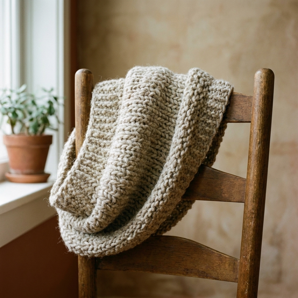 A chunky knit cowl in a neutral wool yarn draped over the back of a wooden chair near a window