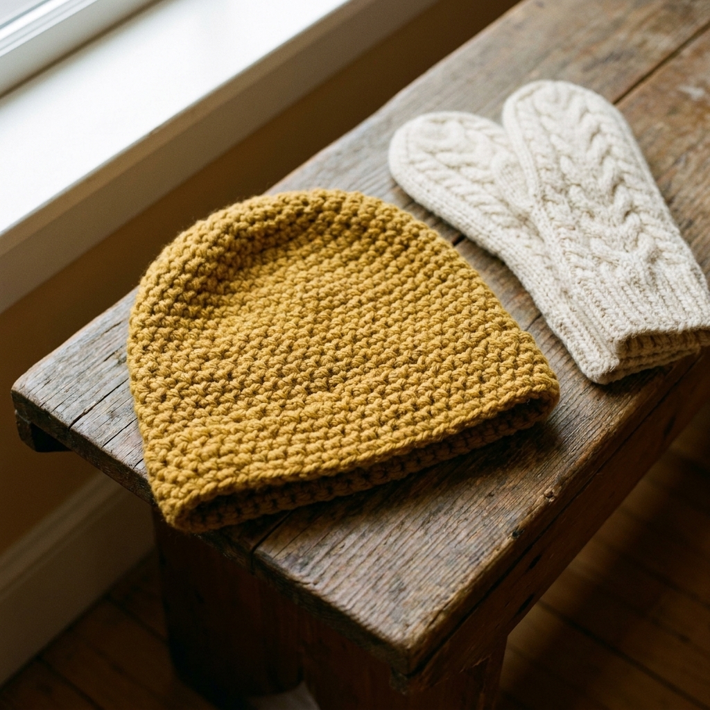 A chunky seed-stitch crochet beanie in mustard yellow resting on a bench with a pair of knit mittens nearby