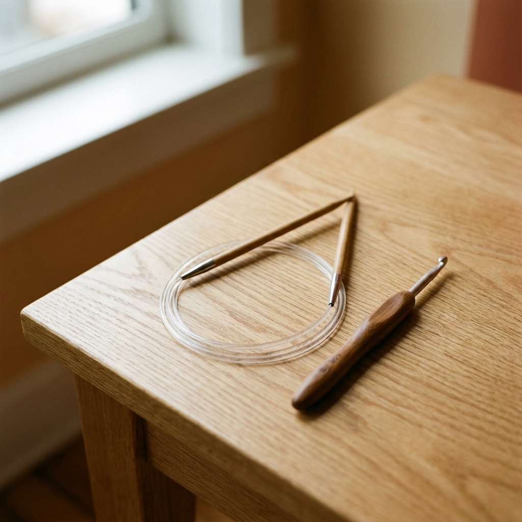 A circular knitting needle coiled neatly next to an ergonomic crochet hook on a light wooden surface