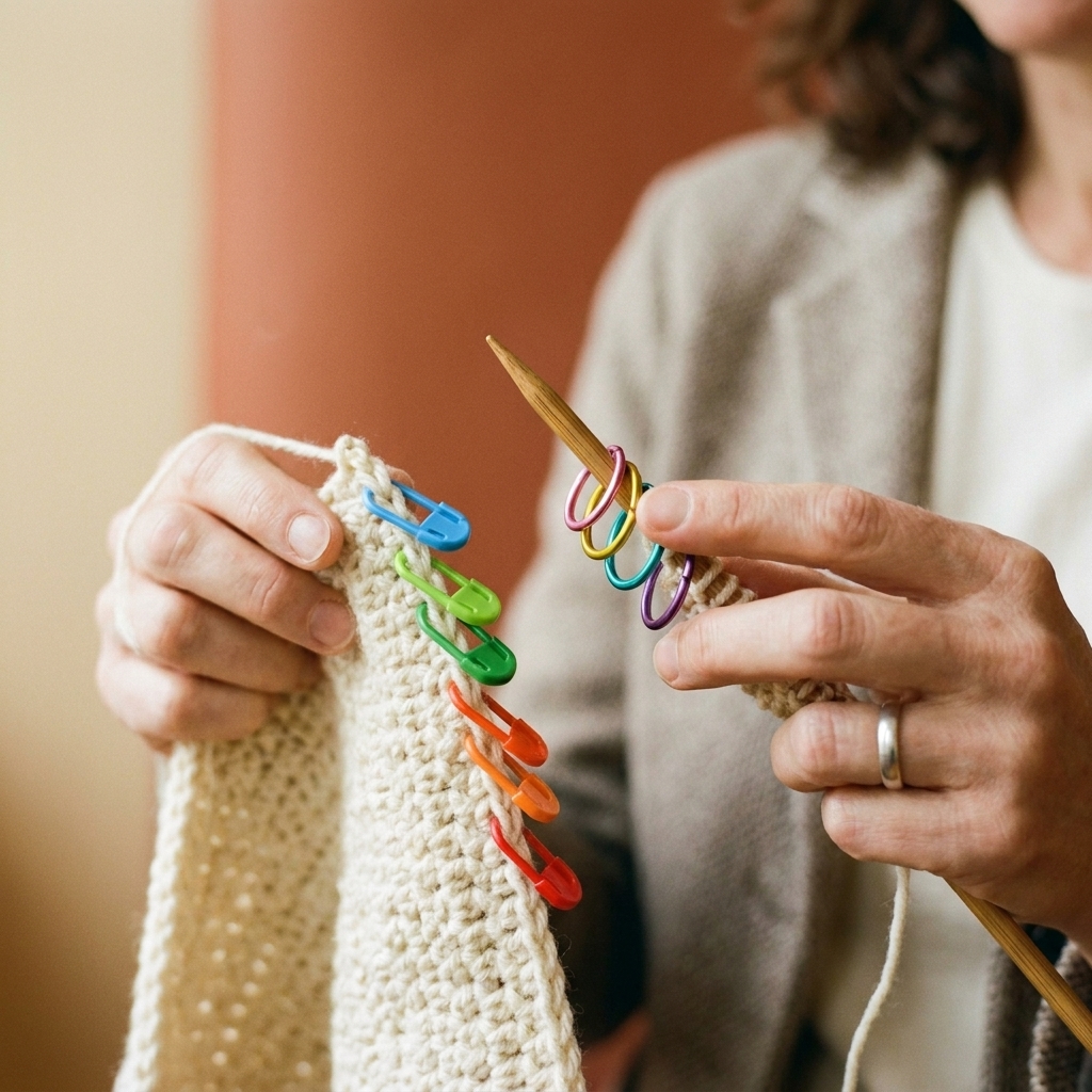A close-up of colorful locking stitch markers clipped to a crocheted piece and ring stitch markers on a knitting needle beside it