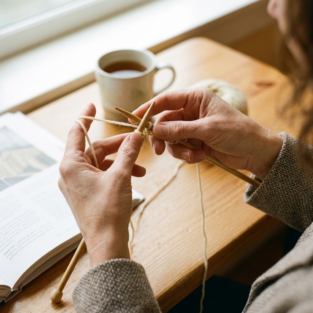 A close-up photo of a beginner knitter's hands holding two knitting needles and light-colored yarn while forming the first stitches for a cast-on on a cozy table