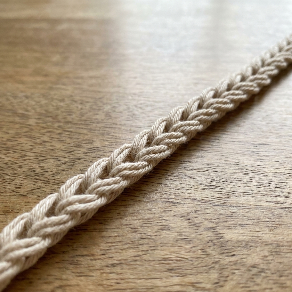 A close-up photo of a crochet foundation chain in light yarn laid flat on a table, showing the V-shaped chain stitches clearly