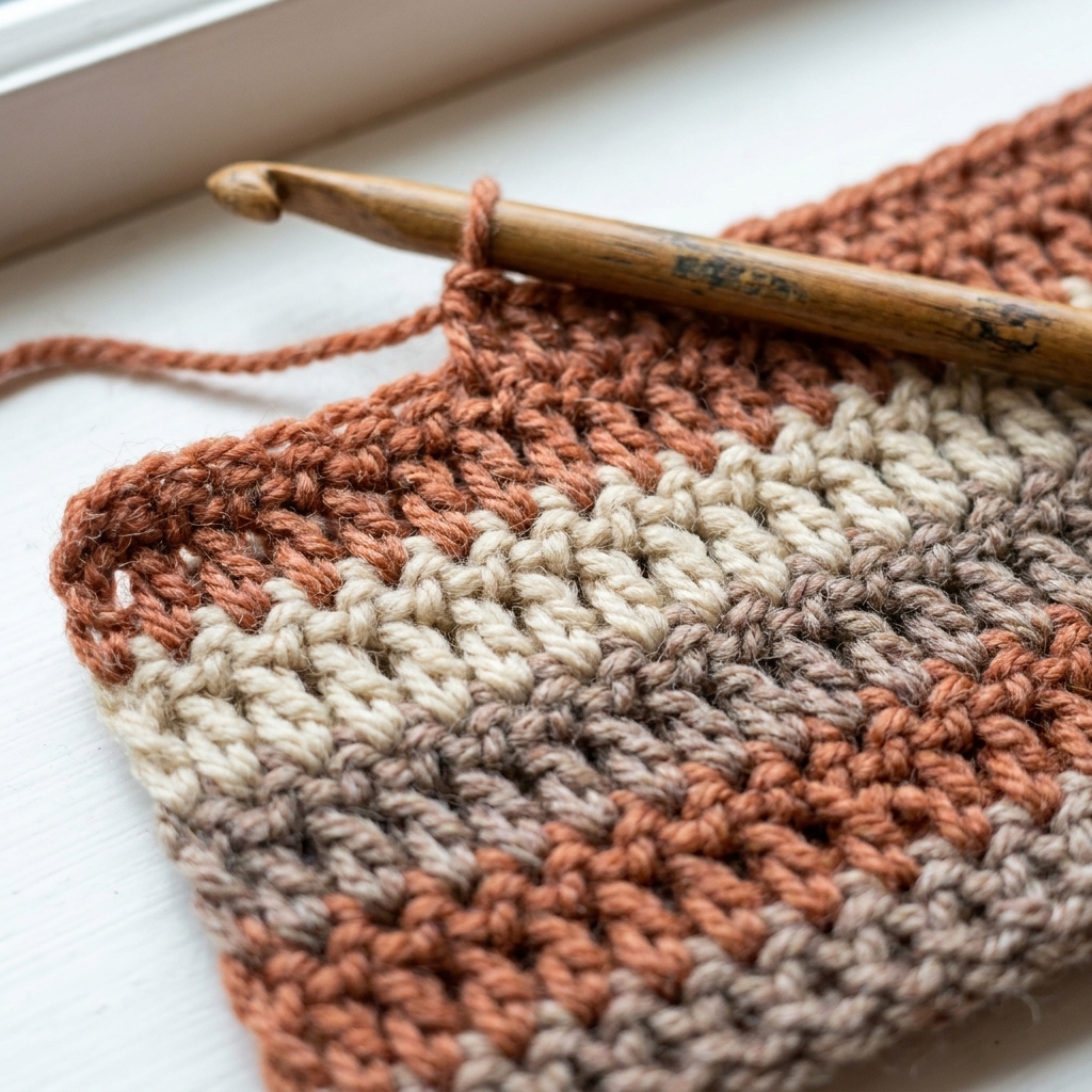 A close-up photo of a crochet swatch showing neat rows of double crochet stitches in medium-weight yarn with the hook resting on top