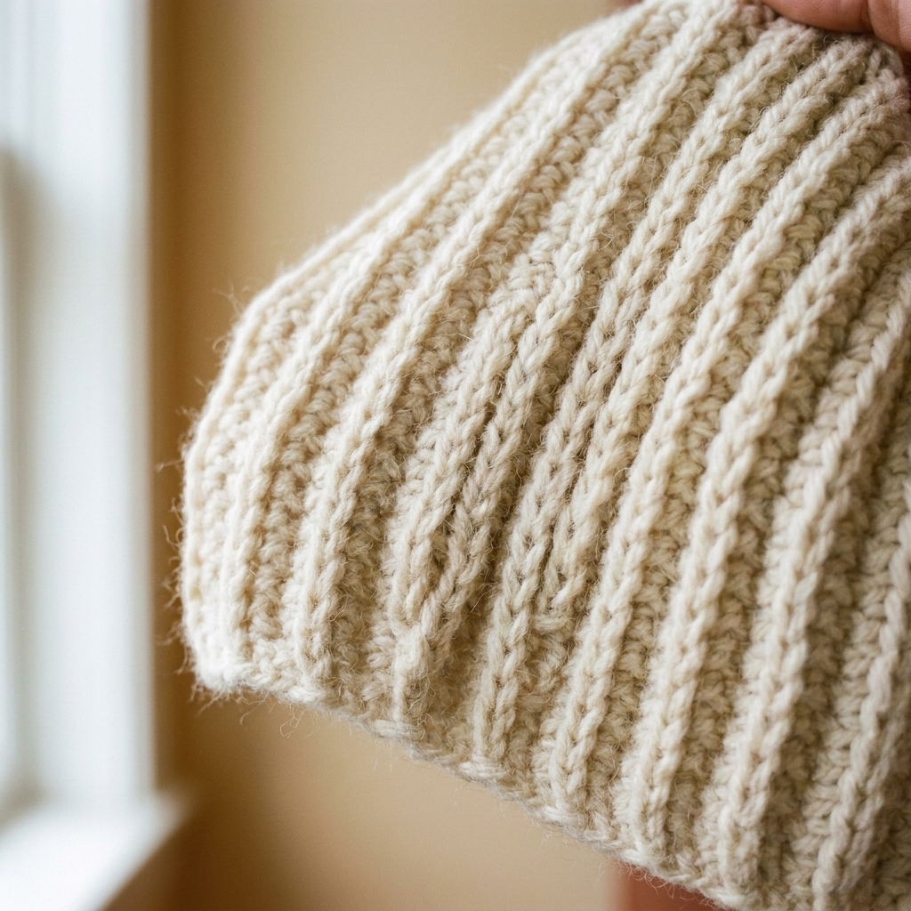 A close-up photo of a crochet swatch showing ribbed texture made with back loop only stitches in soft yarn, with the fabric slightly stretched