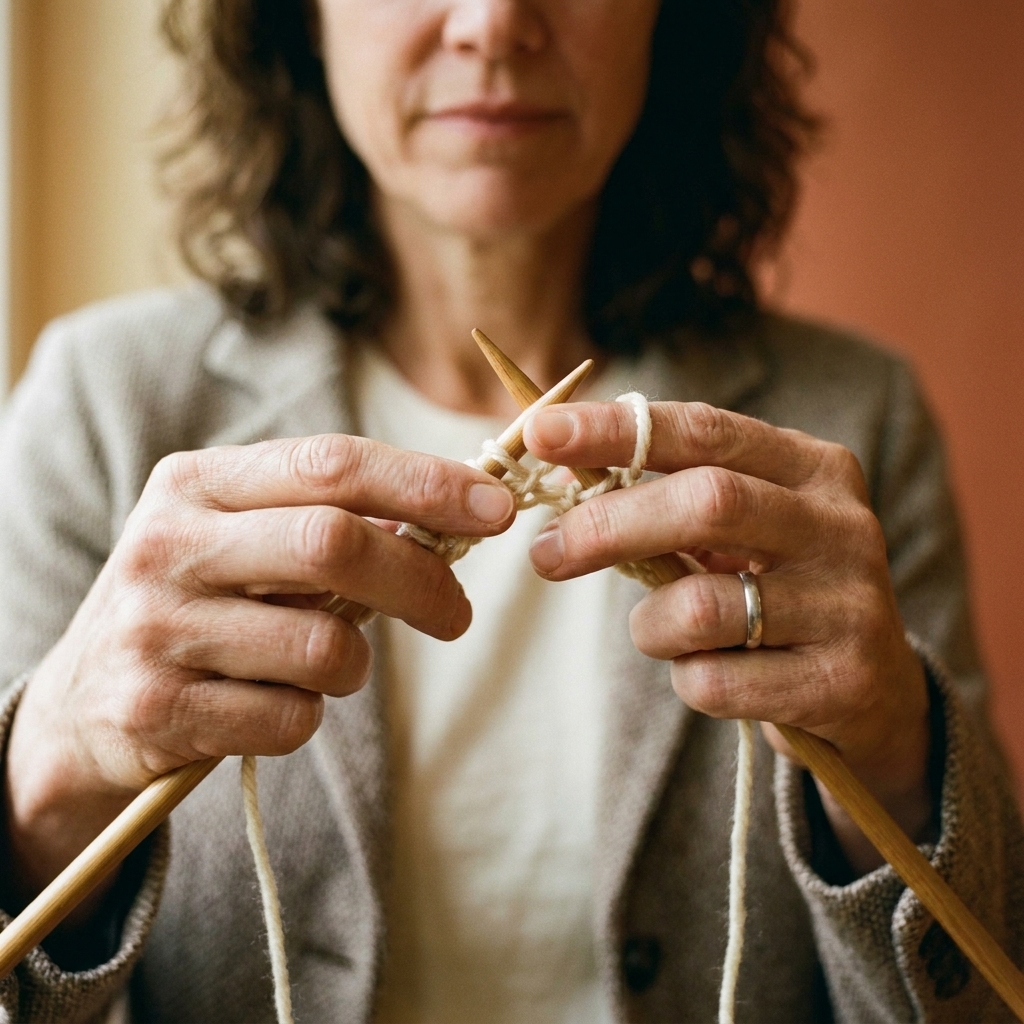 A close-up photo of a knitter performing the knitted cast-on with two wooden needles, showing the right needle pulling up a new loop before transferring it to the left needle