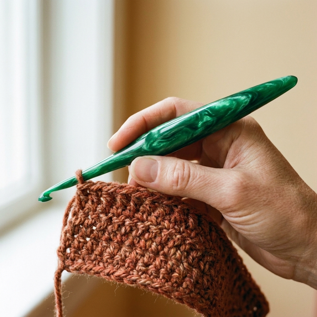 A close-up photo of a single Furls Odyssey-style resin crochet hook held above a partially crocheted fabric swatch