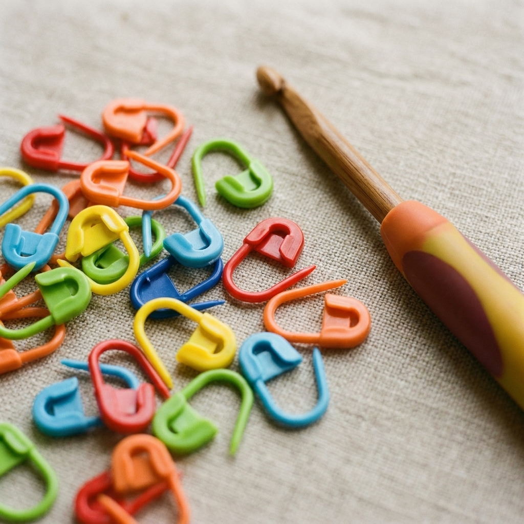A close-up photo of colorful locking stitch markers scattered beside a crochet hook on a neutral fabric background