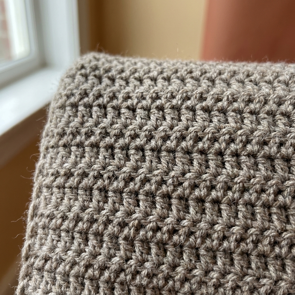A close-up photo of half-double crochet stitches forming an even, slightly textured fabric in a neutral-colored yarn
