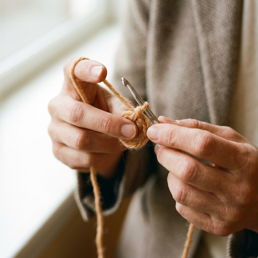 A close-up photo of hands forming a magic ring with yarn while holding a crochet hook, showing the loop around the fingers
