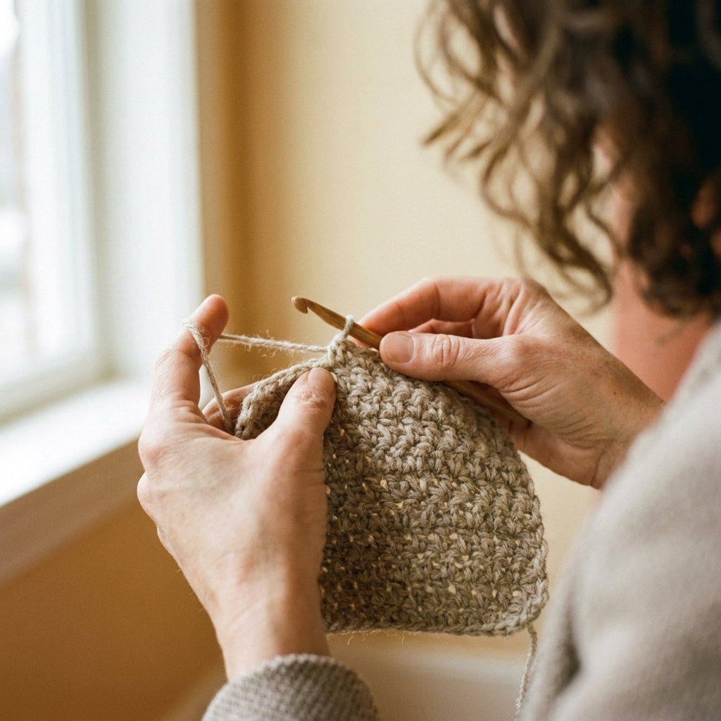 A close-up photo of hands holding a crochet swatch in progress, showing clearly defined stitches and a crochet hook inserted into the next stitch
