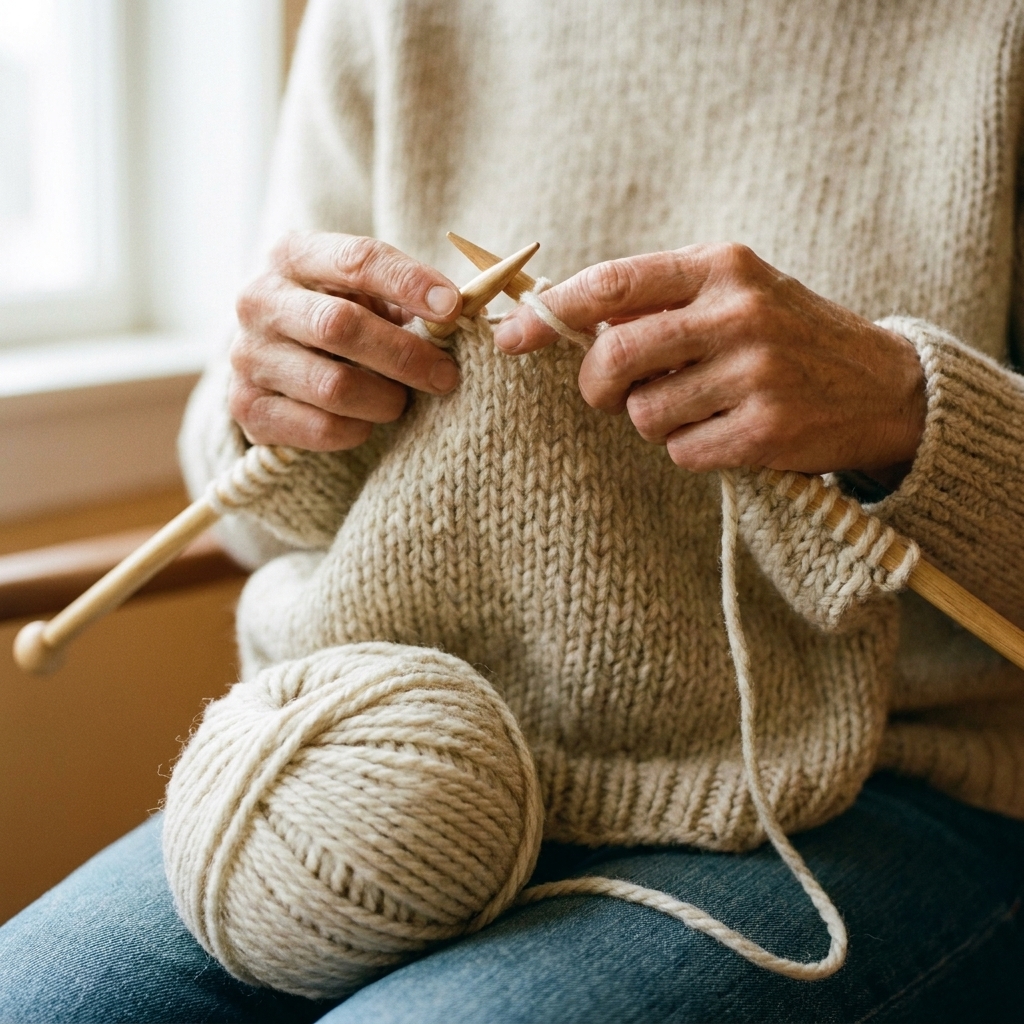 A close-up photo of hands knitting a wool sweater body with circular needles, a ball of wool yarn resting on the maker’s lap