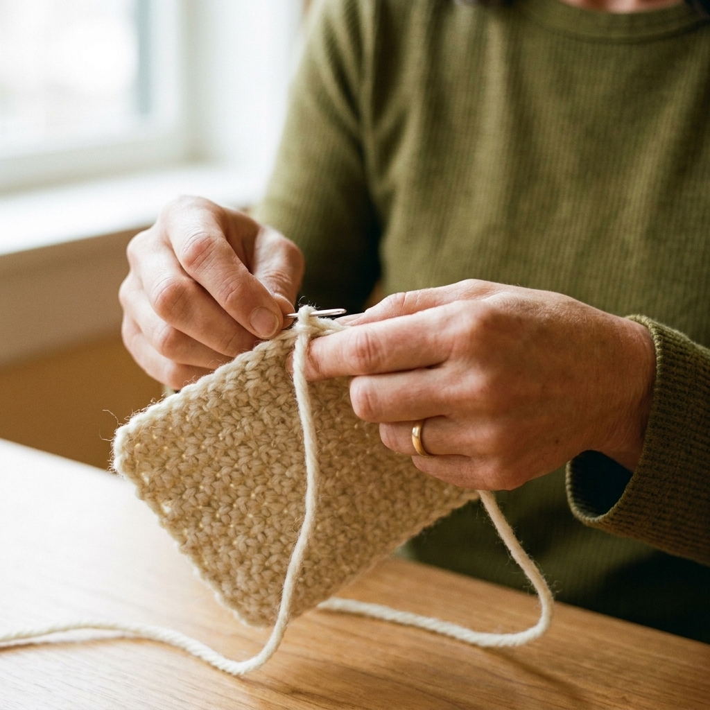 A close-up photo of hands weaving a yarn tail into the wrong side of a crocheted swatch using a tapestry needle, passing through stitch posts