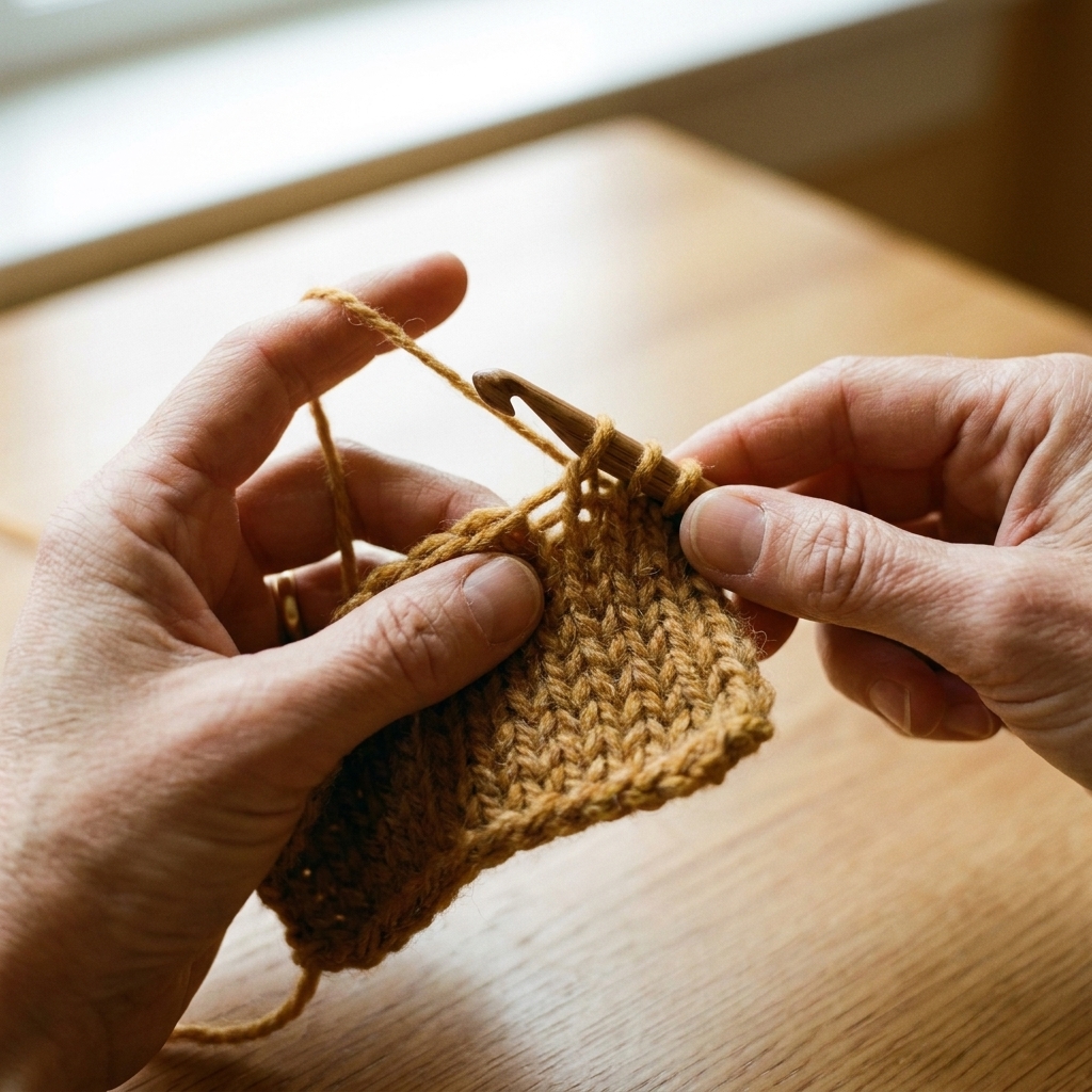 A close-up photograph of a Tunisian crochet return pass in progress, showing the hook pulling yarn through two loops at a time over a textured swatch