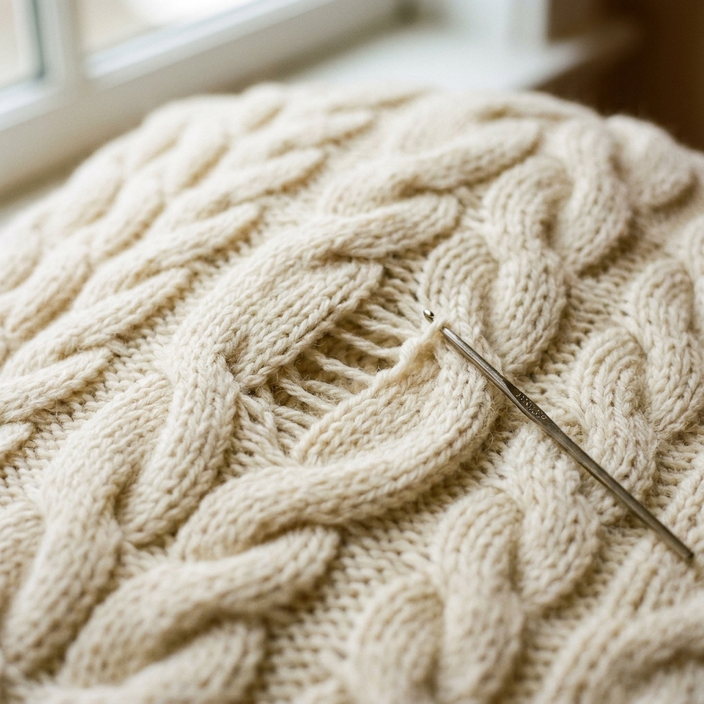 A close-up photograph of a cable knit panel with a visible ladder where one stitch has dropped inside the cable pattern, with a crochet hook nearby