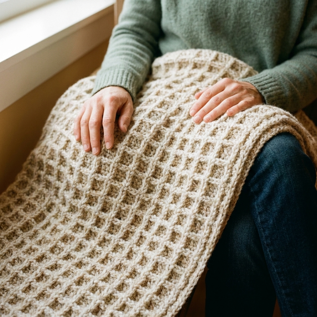 A close-up photograph of a crochet fabric in waffle stitch draped over a lap, showing deep textured squares and soft, cozy thickness