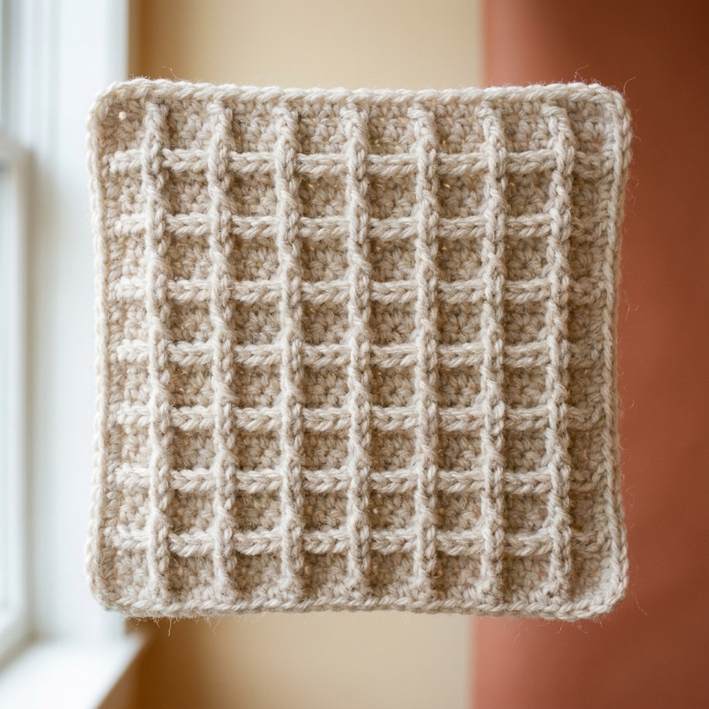 A close-up photograph of a crocheted waffle stitch swatch in a light neutral yarn, showing deep square texture and raised ridges