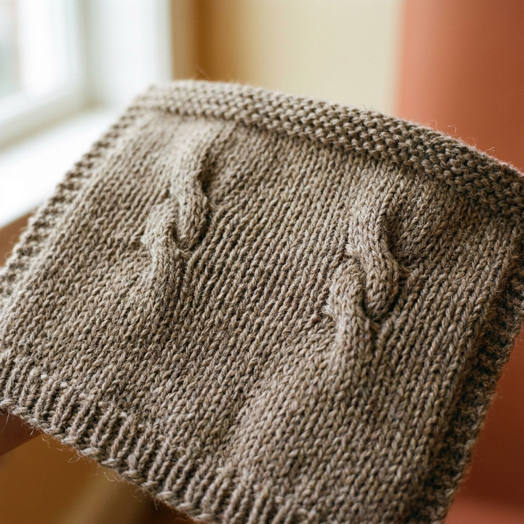 A close-up photograph of a knitted swatch showing two small rope-like cables emerging from a stockinette background, with clear stitch definition and soft natural lighting