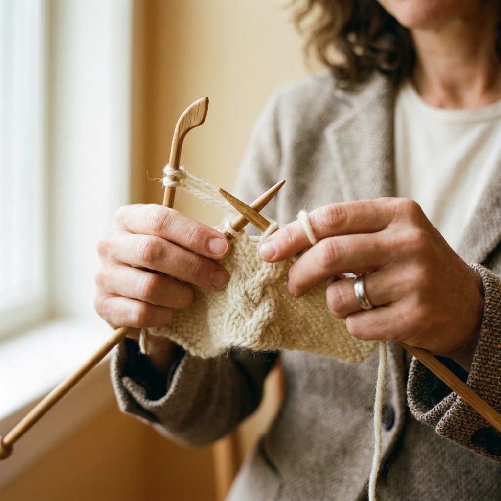 A close-up photograph of a knitter holding a short cable needle behind the work with two stitches resting on it while the main needles form a cable cross in progress