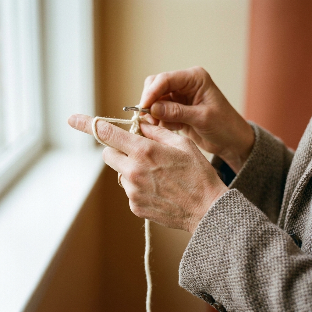 A close-up photograph of a left hand feeding crochet yarn under the fingers and over the index finger while the other hand holds a crochet hook, showing a controlled yarn path