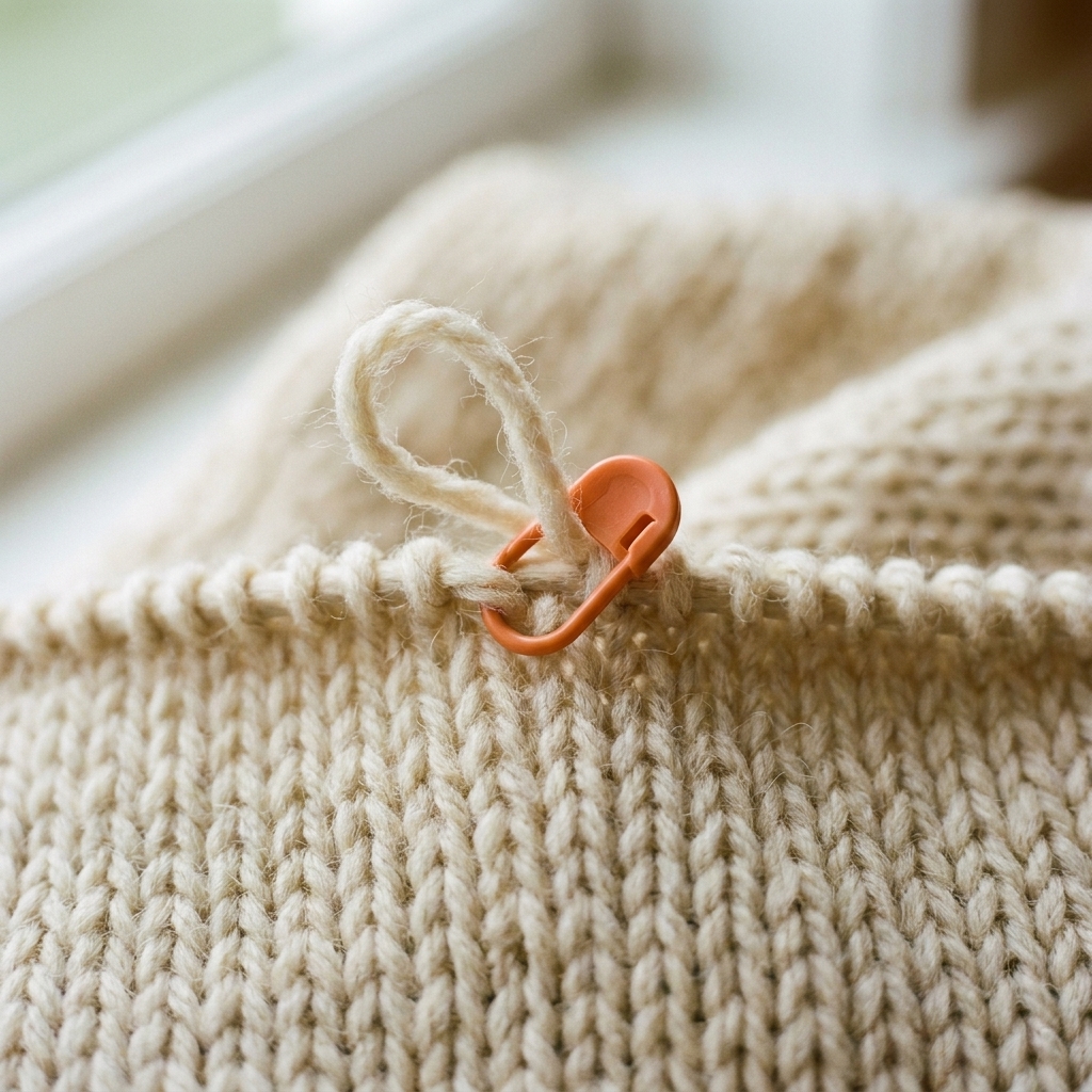 A close-up photograph of a locking stitch marker clipped into a live loop on a knitted fabric to prevent a dropped stitch from running