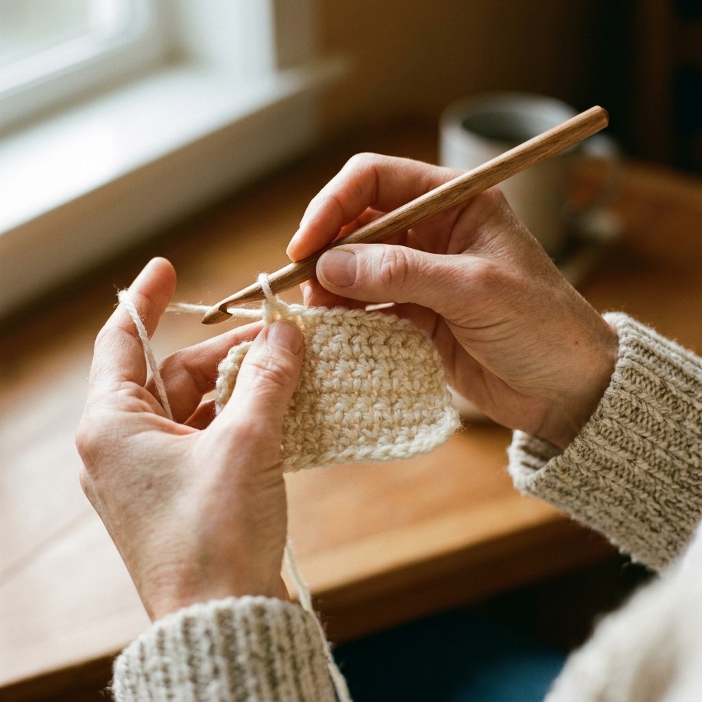 A close-up photograph of a person holding a crochet hook in a pencil grip while working a small swatch, with the thumb and index finger pinching the hook like a pencil