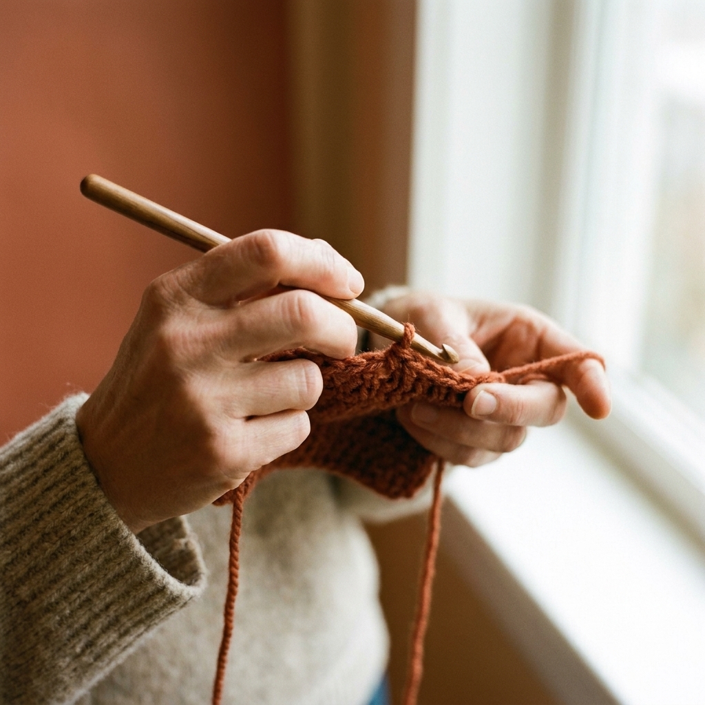A close-up photograph of a person holding a crochet hook in a knife grip with the hand wrapped around the handle, crocheting into a row of stitches
