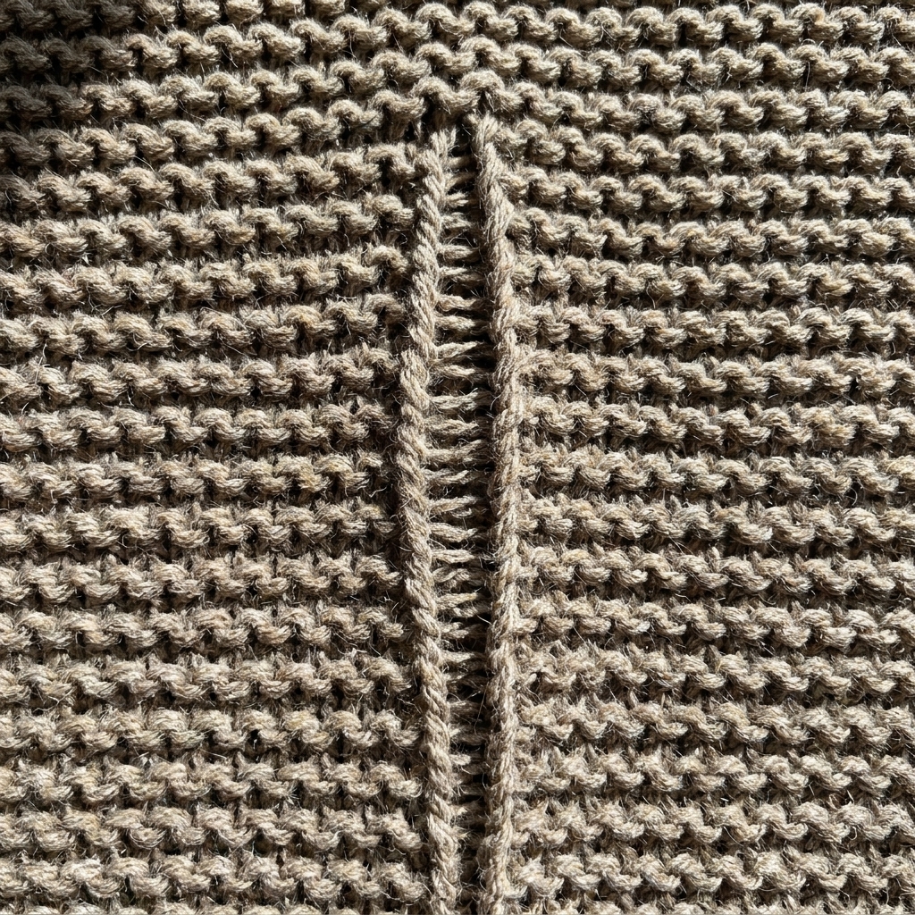 A close-up photograph of garter stitch fabric showing distinct horizontal ridges and a single column where a stitch has been dropped