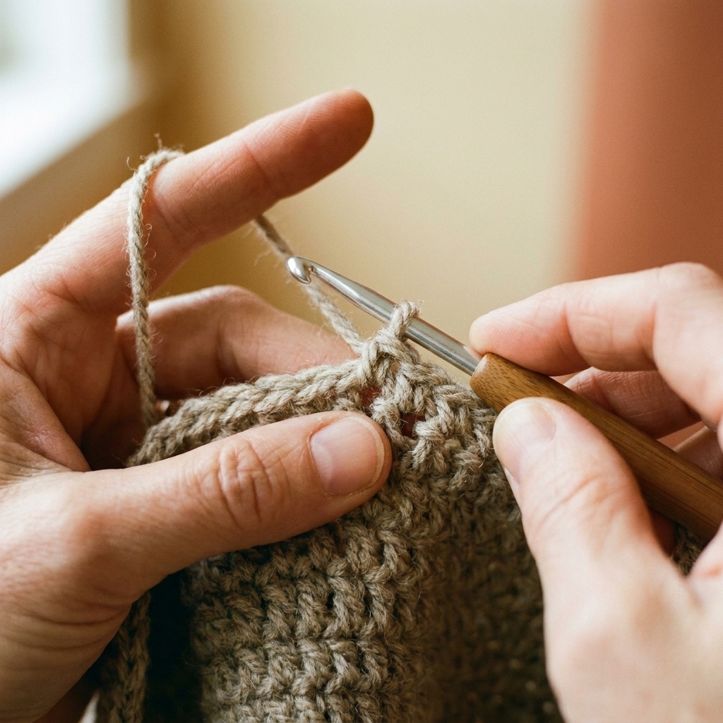 A close-up photograph of hands crocheting a front post double crochet around the post of a stitch, with the hook inserted from front to back and then back to the front again