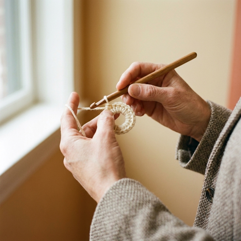 A close-up photograph of hands holding a crochet hook and a small joined chain ring, ready for the first round of stitches
