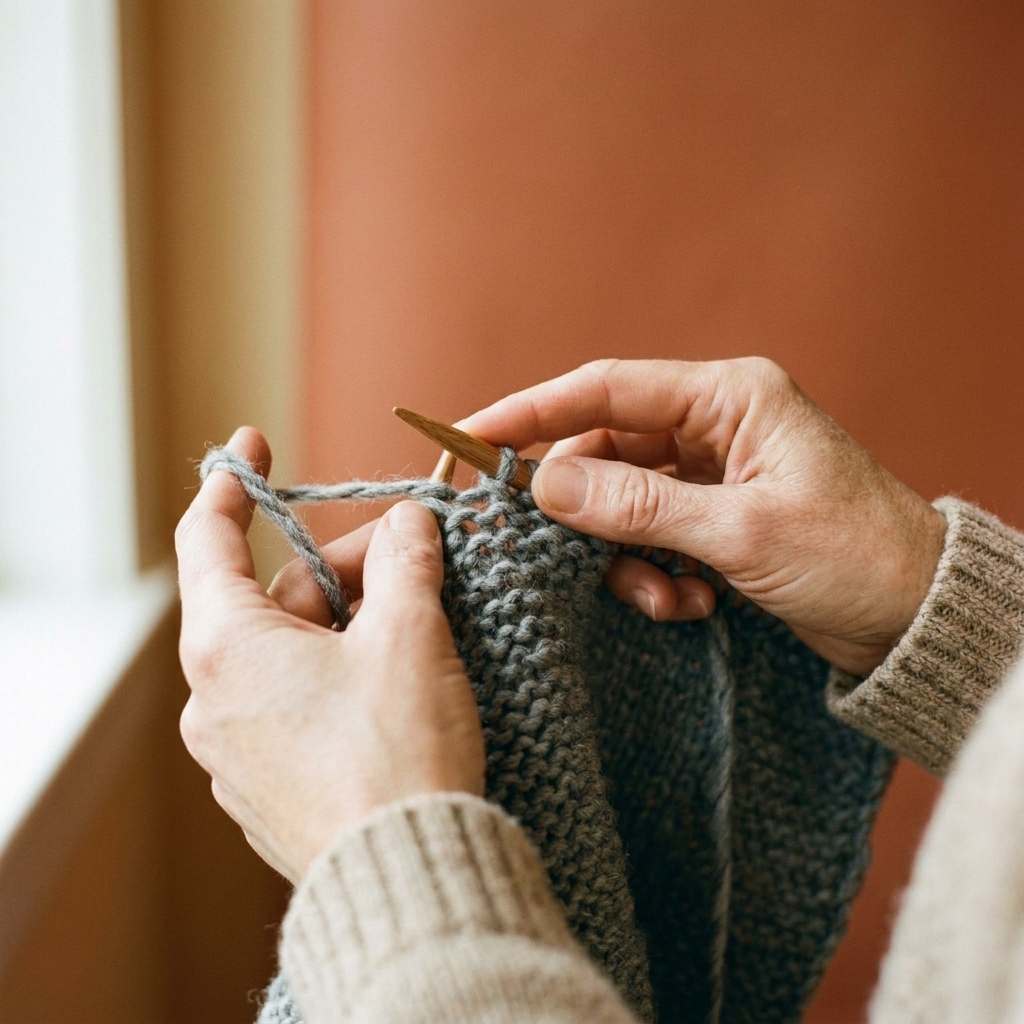 A close-up photograph of hands purling with the working yarn held at the front of the fabric as the right needle draws a loop through, showing the purl bump texture forming