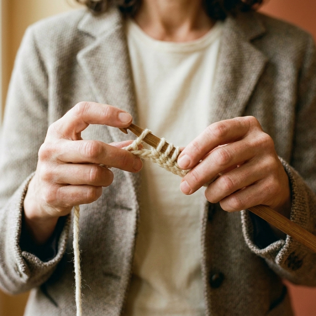 A close-up photograph of hands working the Tunisian crochet setup row into a foundation chain, with multiple loops gathered on the hook