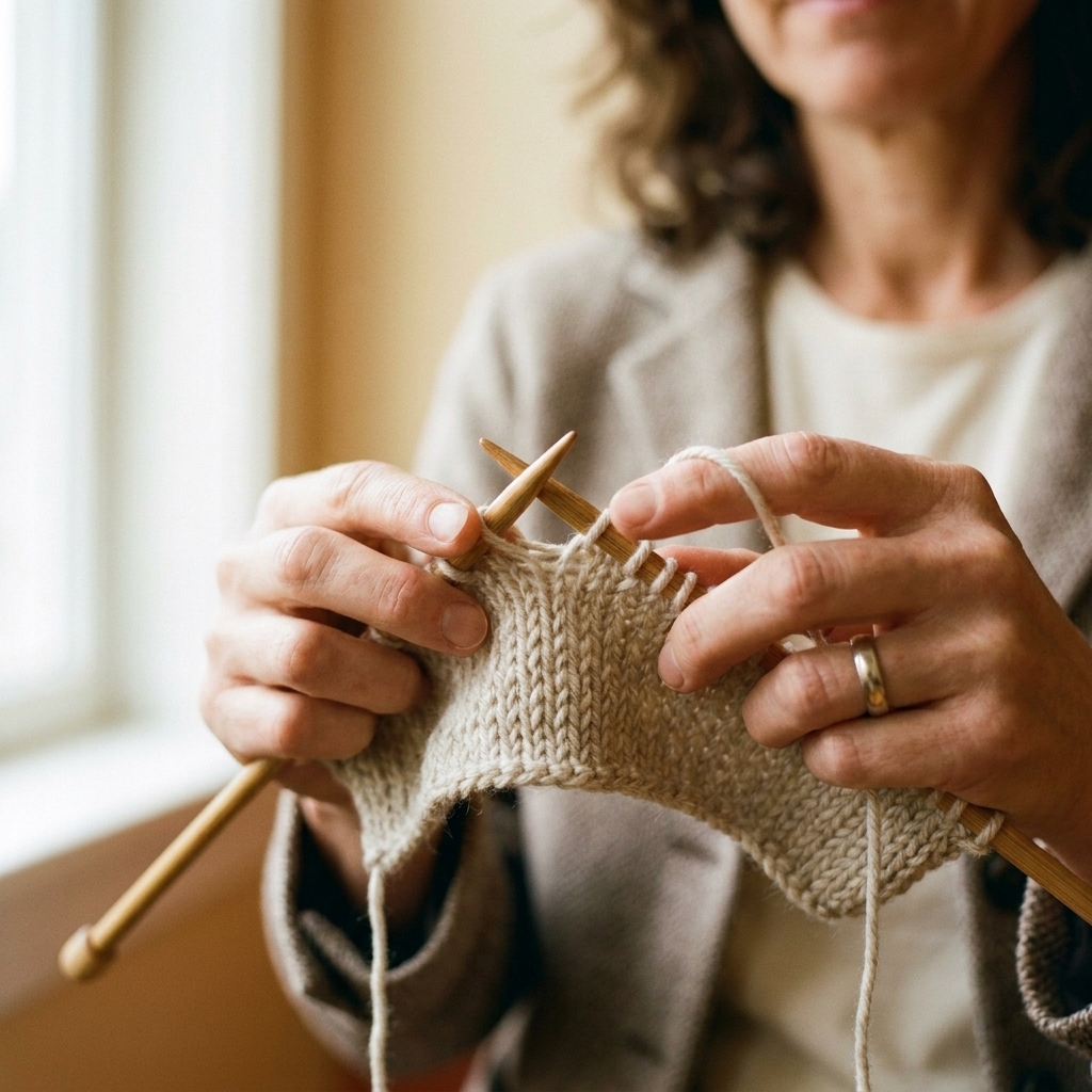 A close-up photograph of knitting needles with a row in progress, showing the right needle pulling a new loop through a stitch to form a knit stitch, with smooth light yarn