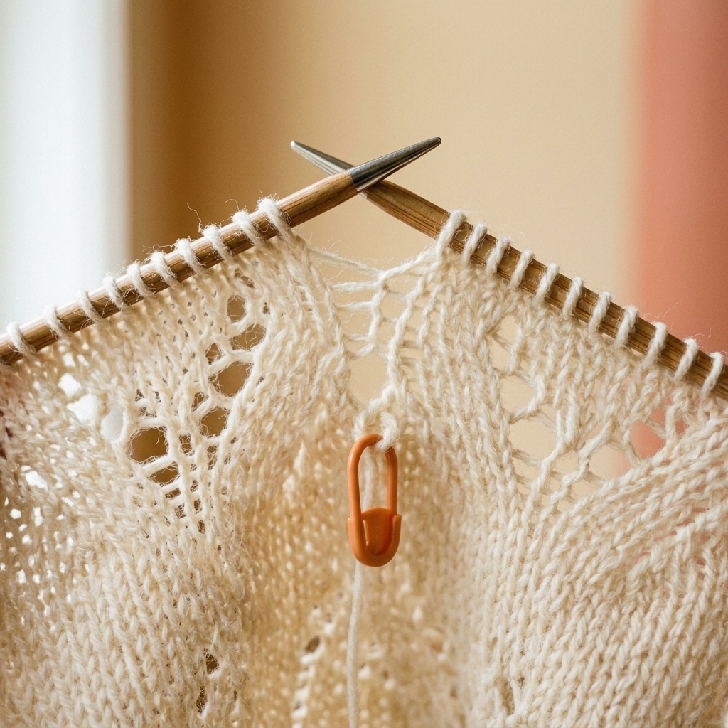 A close-up photograph of lace knitting on needles with an openwork pattern, showing a single dropped stitch marked with a locking stitch marker