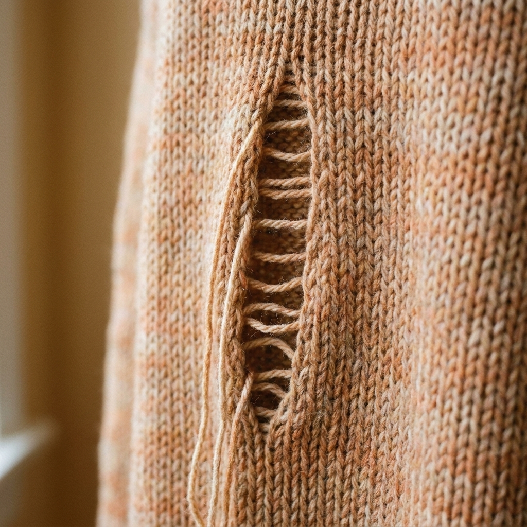 A close-up photograph of stockinette knitting showing a vertical ladder of loose strands where one stitch has dropped several rows