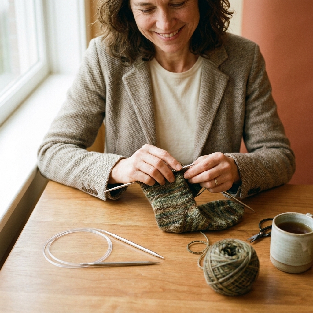 A coiled stainless steel circular knitting needle with a smooth cable lying next to a knitted sock-in-progress on a tabletop