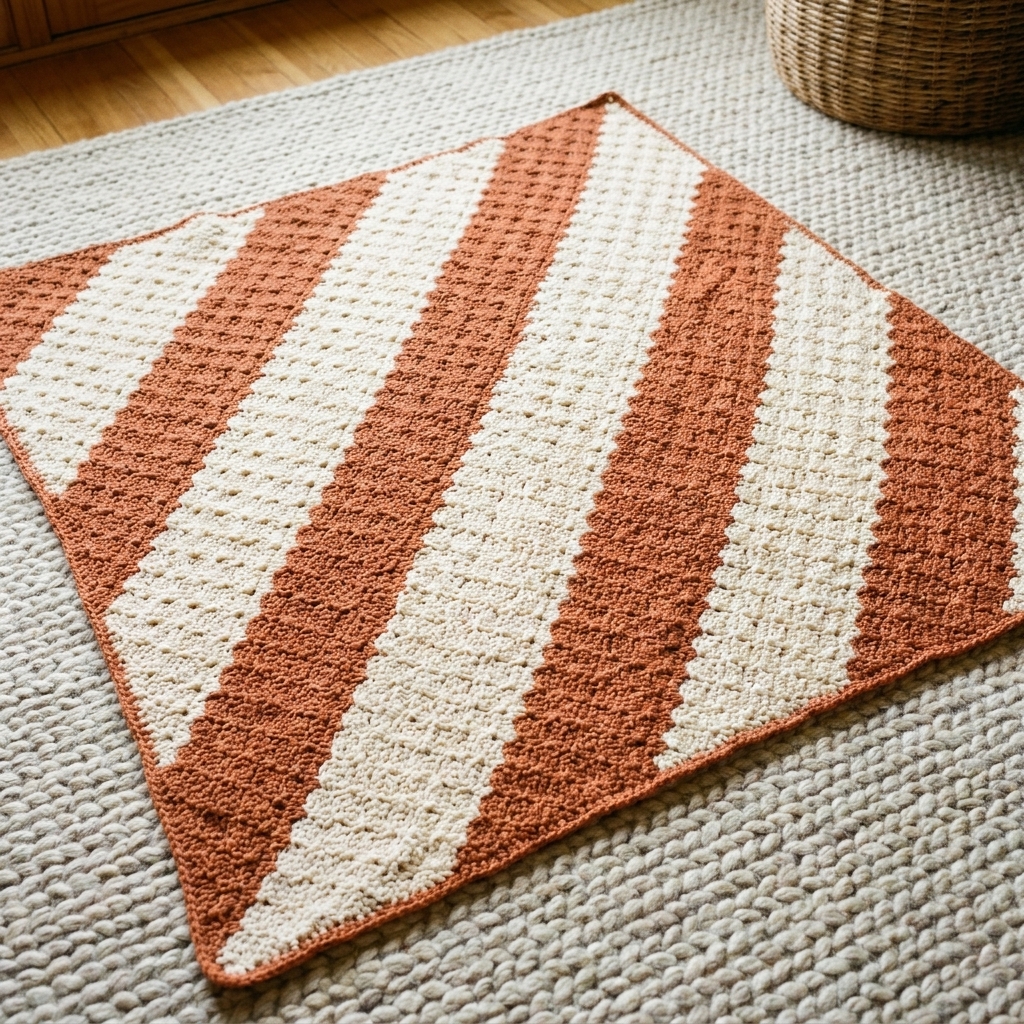 A corner-to-corner crochet baby blanket with wide cream and terracotta stripes spread on a living room rug