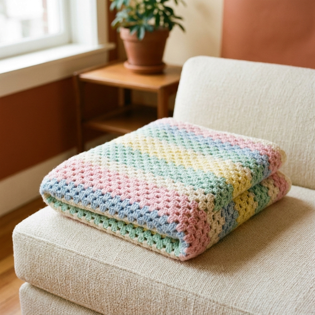 A crochet granny stripe baby blanket with wide pastel stripes folded neatly on a cream sofa in a cozy home setting