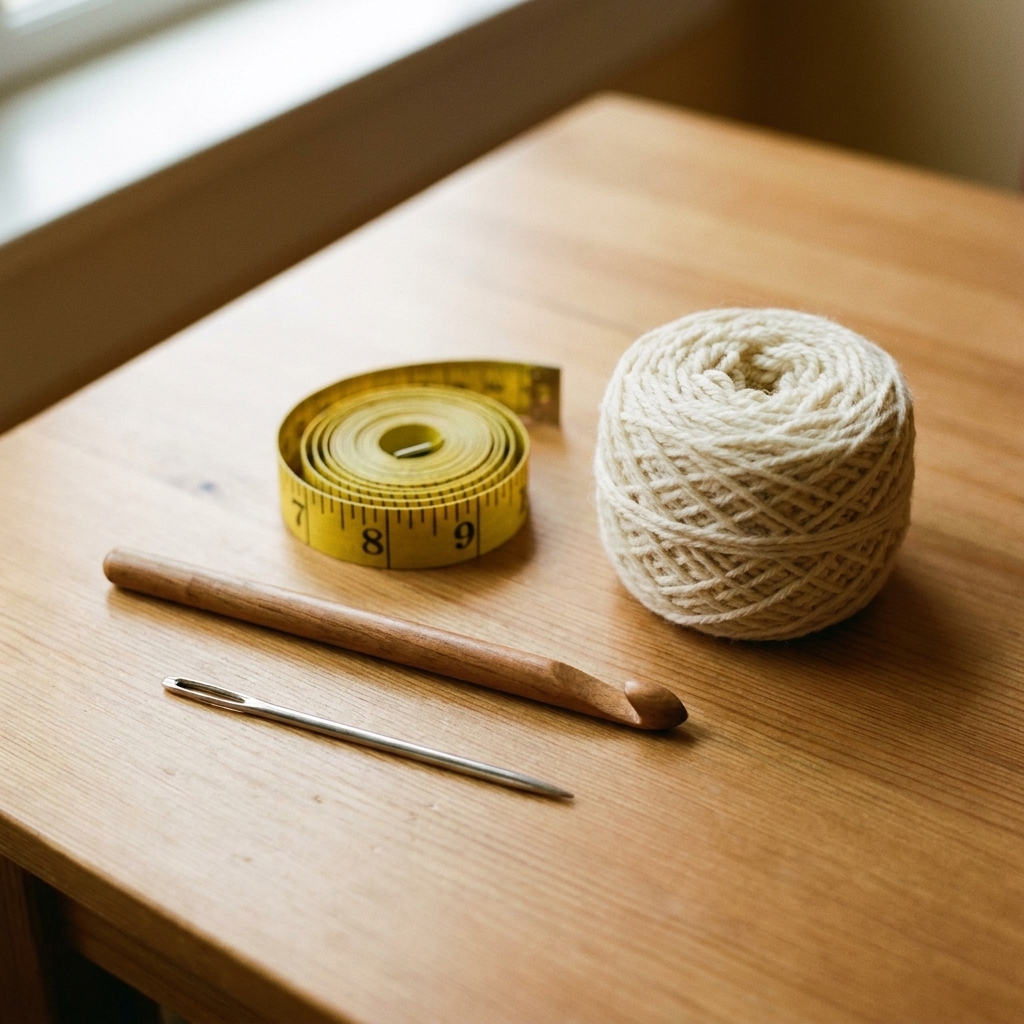 A crochet hook, tapestry needle, measuring tape, and a ball of yarn arranged neatly on a crafting table, ready for a crochet project