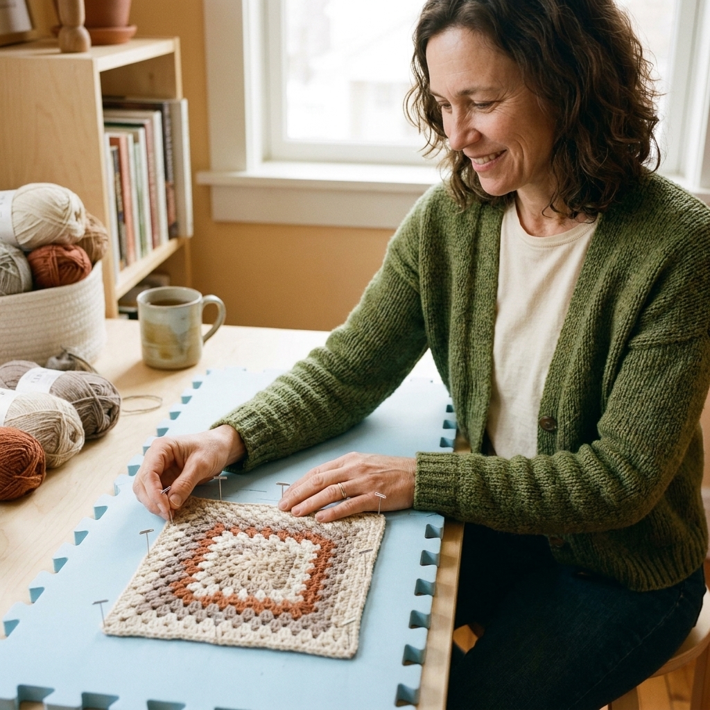 A crochet swatch pinned neatly to a foam blocking mat with stainless steel pins in a calm craft room