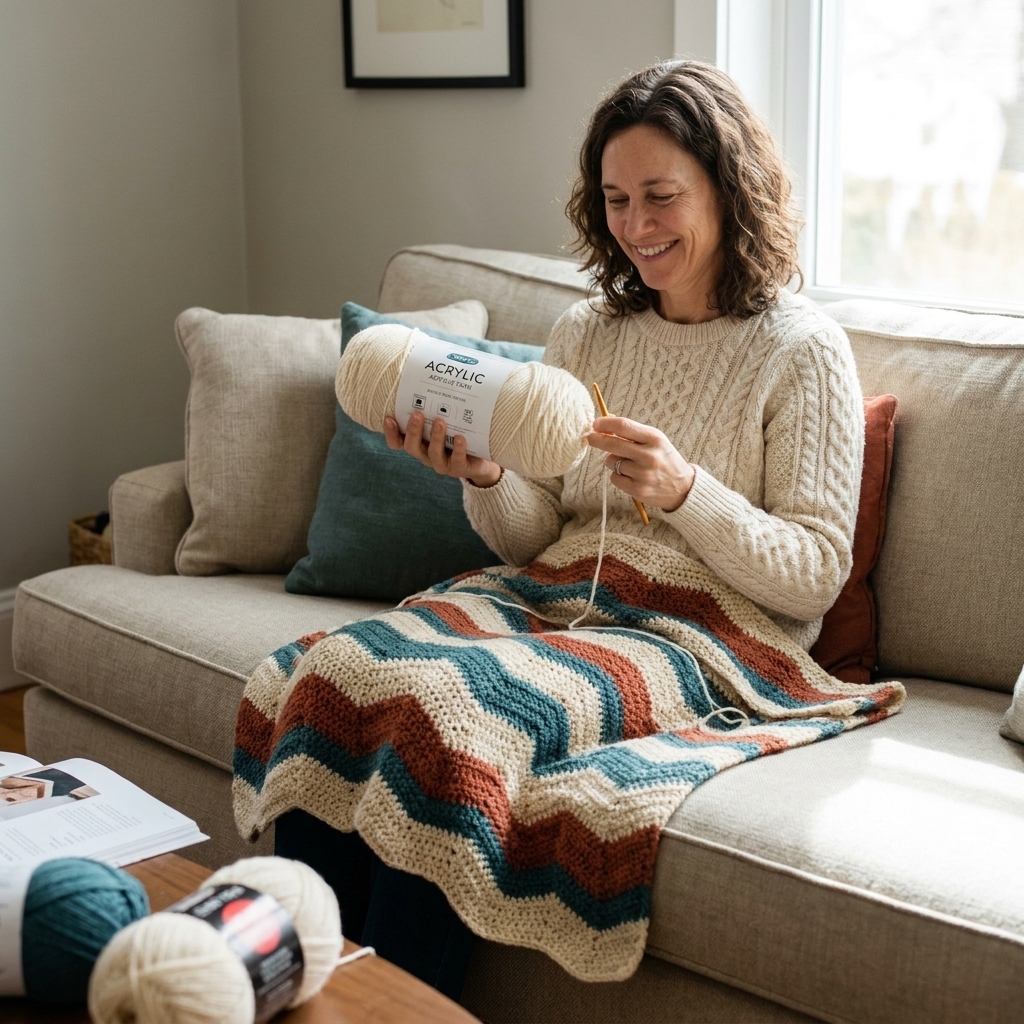 A crocheted acrylic blanket in progress on a living room sofa with a large acrylic yarn skein and a hook resting on the fabric