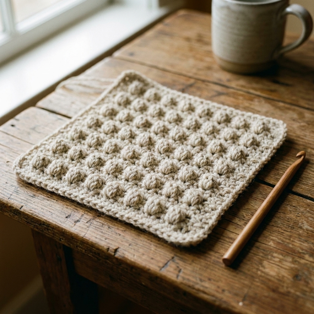 A crocheted fabric swatch with firm bobble stitches raised in a tidy pattern on a wooden table