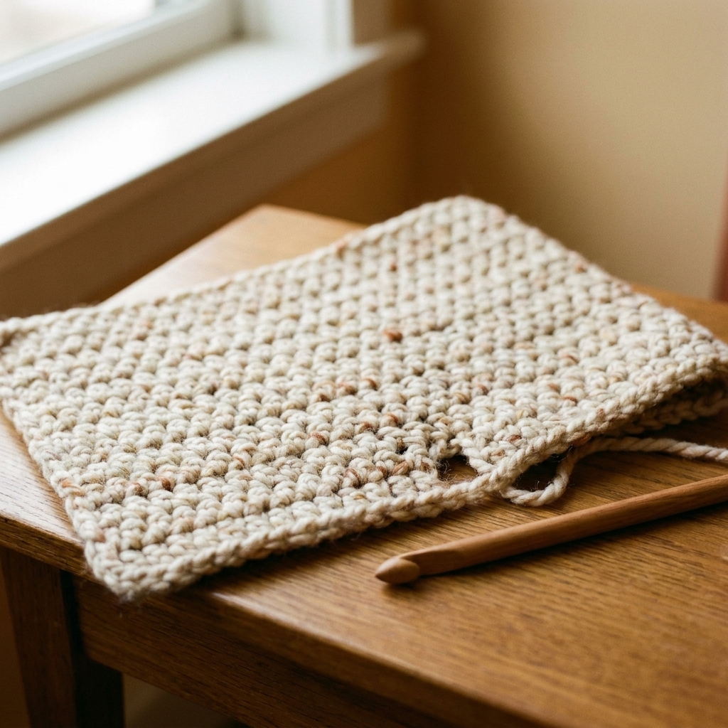 A crocheted rectangle showing a slightly indented edge where a stitch was skipped, with a hook resting beside the fabric