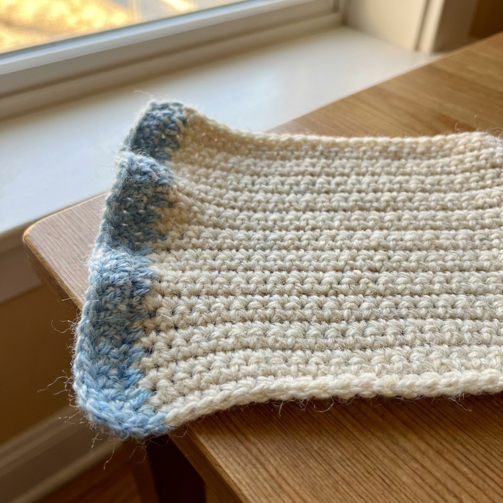 A crocheted swatch beginning to ruffle along one edge, showing extra stitches added unintentionally