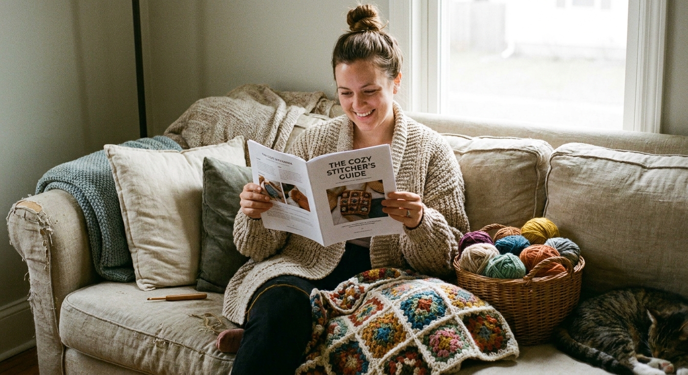 A crocheter holding an open printed crochet pattern booklet while sitting on a couch with yarn and a crochet hook nearby