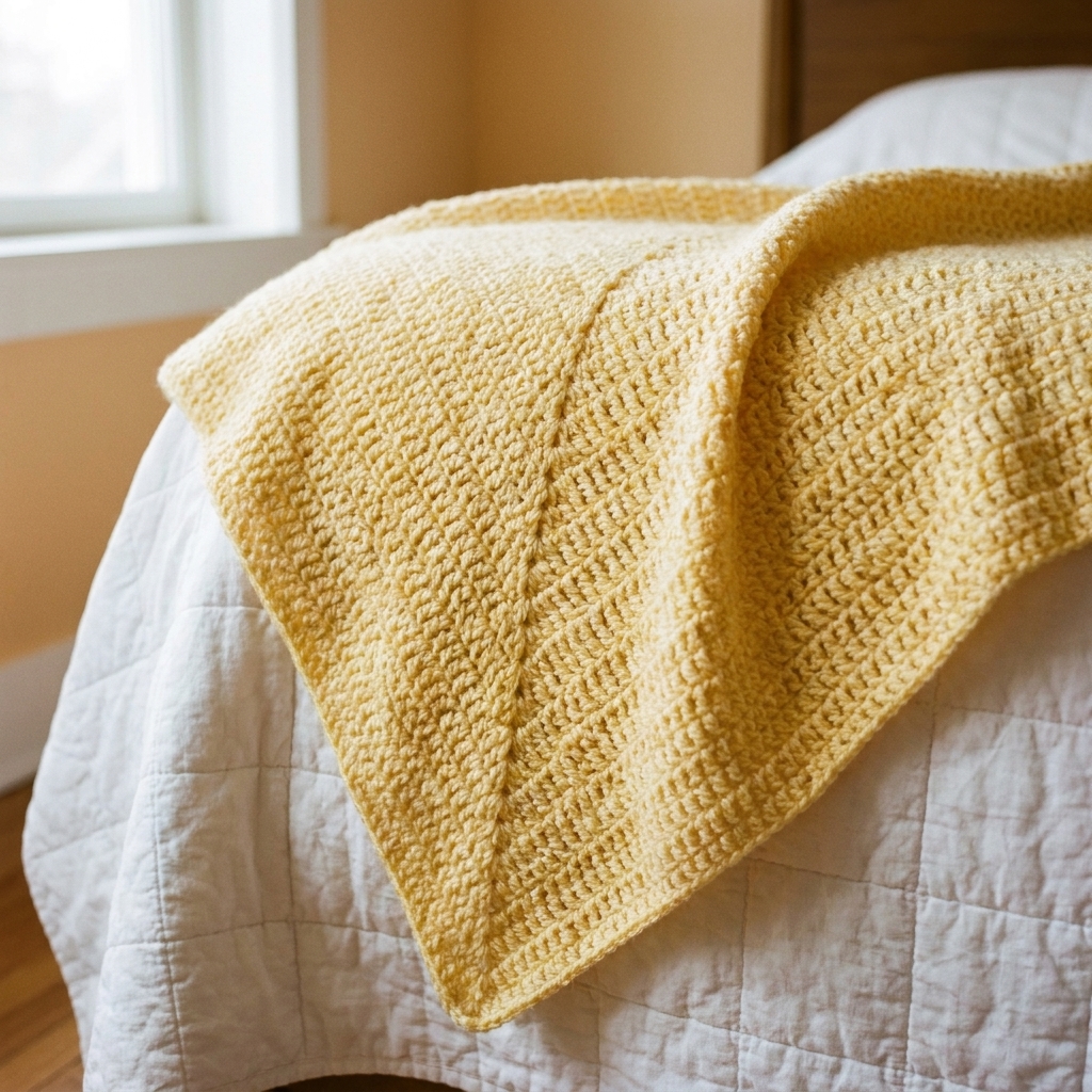 A drapey V-stitch crochet baby blanket in buttery yellow laid across a white quilted bed