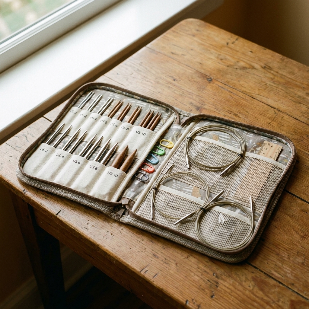 A fabric zip case opened on a wooden table, showing neatly arranged interchangeable knitting needle tips and coiled cables in labeled pockets